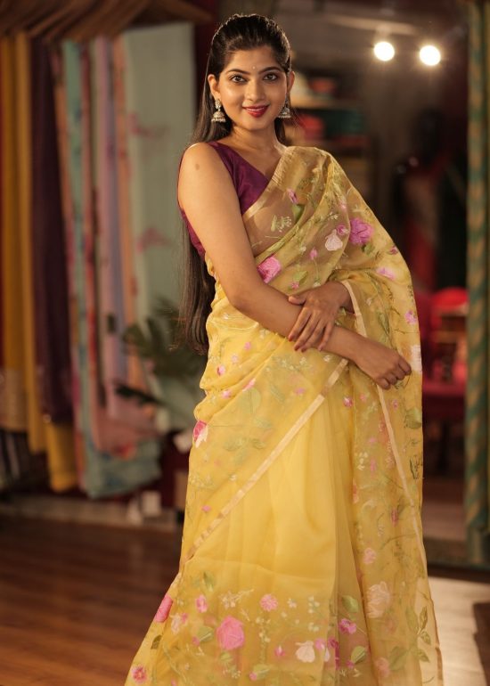 Yellow Organza Silk Saree with Beautiful Floral Embroidery