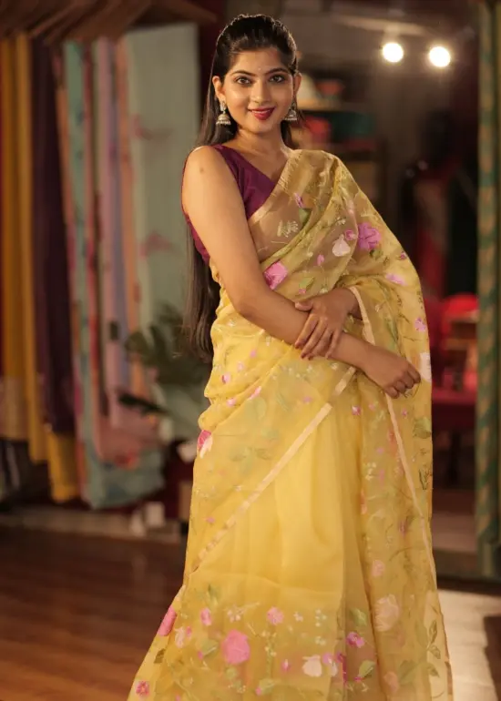 Yellow Organza Silk Saree with Beautiful Floral Embroidery