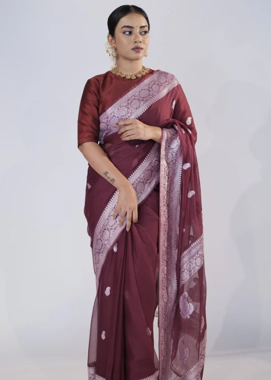 Coffee Brown Handwoven Khaddi Banarasi Chiffon Silk Saree with Kadhwa Zari Motifs