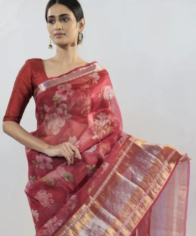 Maroon Organza Silk Saree with Kanchi Zari Border