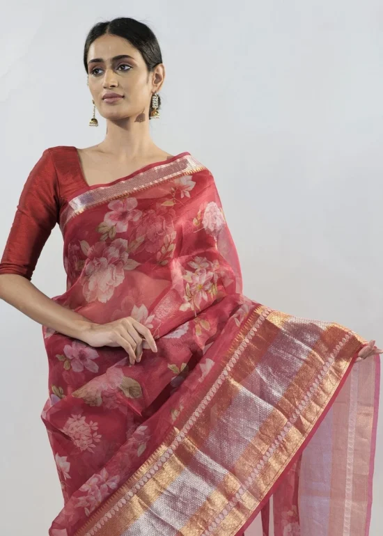 Maroon Organza Silk Saree with Kanchi Zari Border
