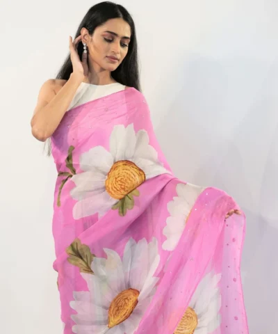 Pink Printed Chiffon Saree