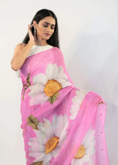 Pink Printed Chiffon Saree