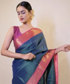 Ocean Blue Banarasi Silk Saree highlighted with contrast border