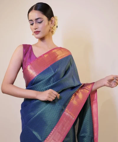 Ocean Blue Banarasi Silk Saree highlighted with contrast border