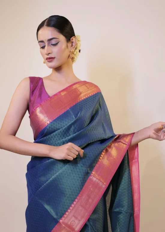 Ocean Blue Banarasi Silk Saree highlighted with contrast border