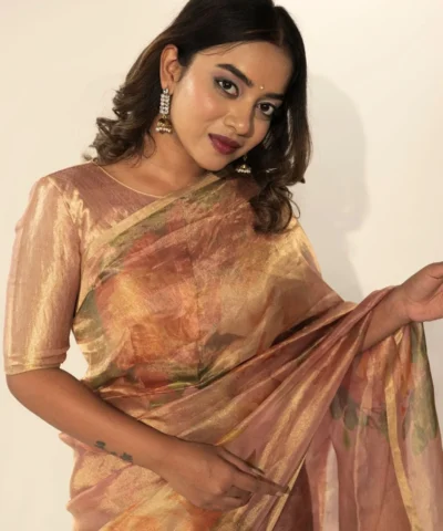 Dusty Pink Tissue Silk Saree with Printed Florals