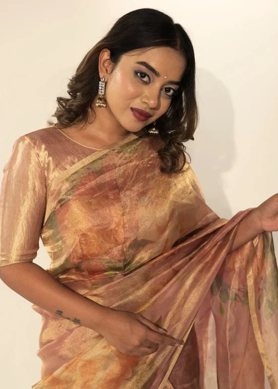 Dusty Pink Tissue Silk Saree with Printed Florals