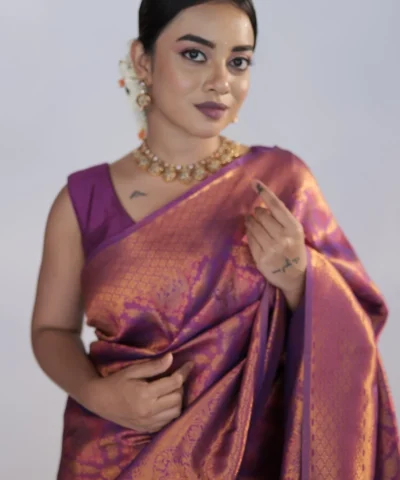 Magenta Banarasi soft silk saree with gold zari weaves