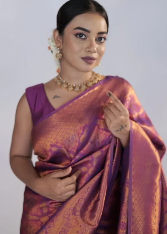 Magenta Banarasi soft silk saree with gold zari weaves