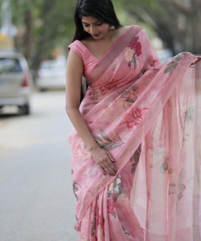 Pink Digital Printed Handwoven Linen Saree