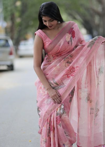 Pink Digital Printed Handwoven Linen Saree