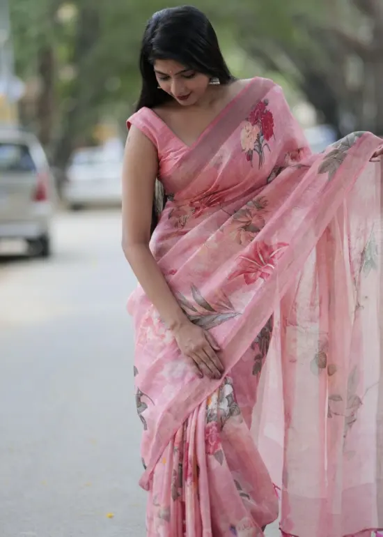 Pink Digital Printed Handwoven Linen Saree