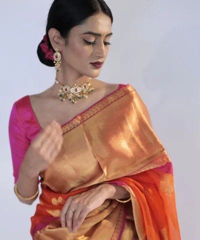 Orange Organza Silk Saree with Kanchi Zari Border