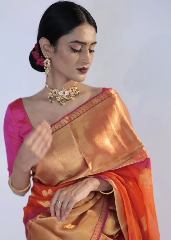 Orange Organza Silk Saree with Kanchi Zari Border