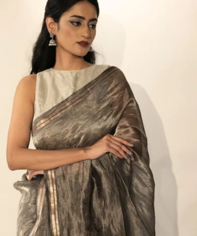 Silver Grey Printed Tissue Silk Saree with Gold Zari Border