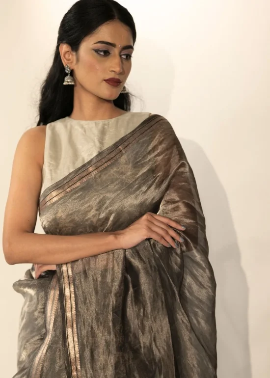 Silver Grey Printed Tissue Silk Saree with Gold Zari Border