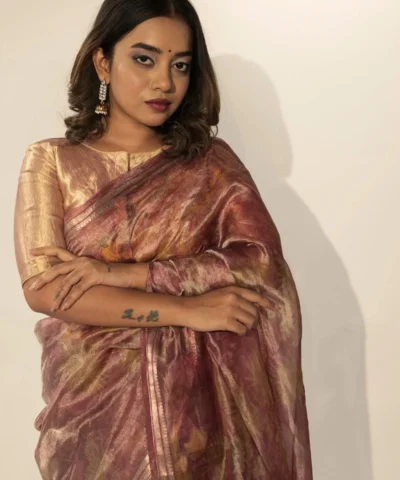 Dark Pink Printed Tissue Silk Saree