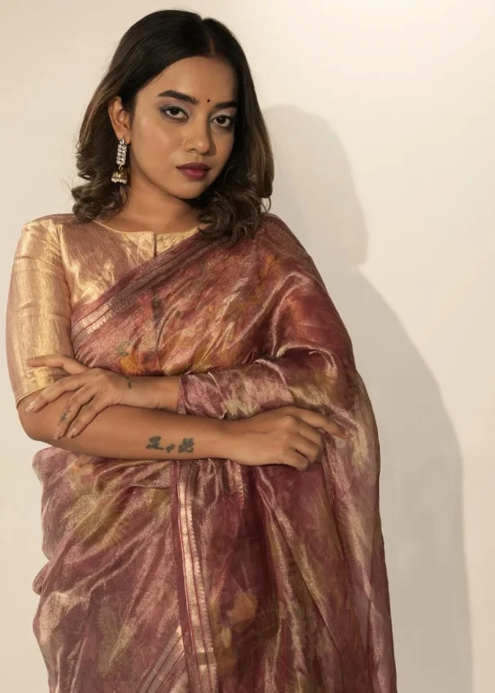 Dark Pink Printed Tissue Silk Saree
