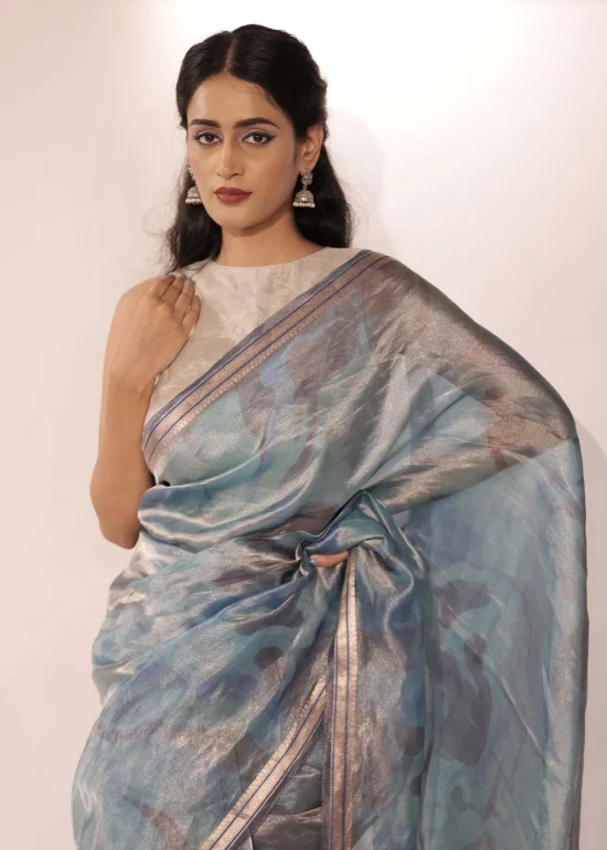 Blue Printed Tissue Silk Saree