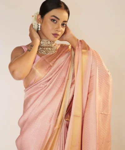 Pastel Pink Banarasi Silk Saree with Gold Zari Weaves