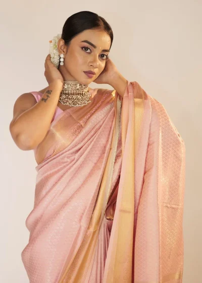 Pastel Pink Banarasi Silk Saree with Gold Zari Weaves