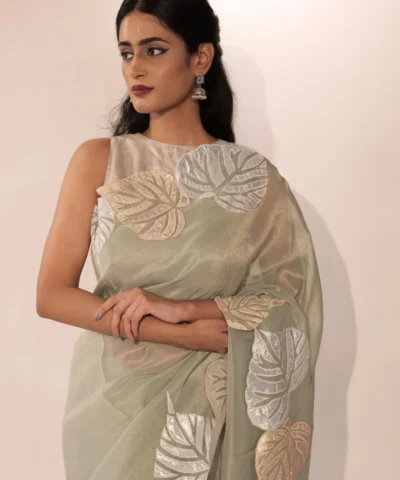 Pista Green Tissue Silk Saree with Beautiful Cutwork