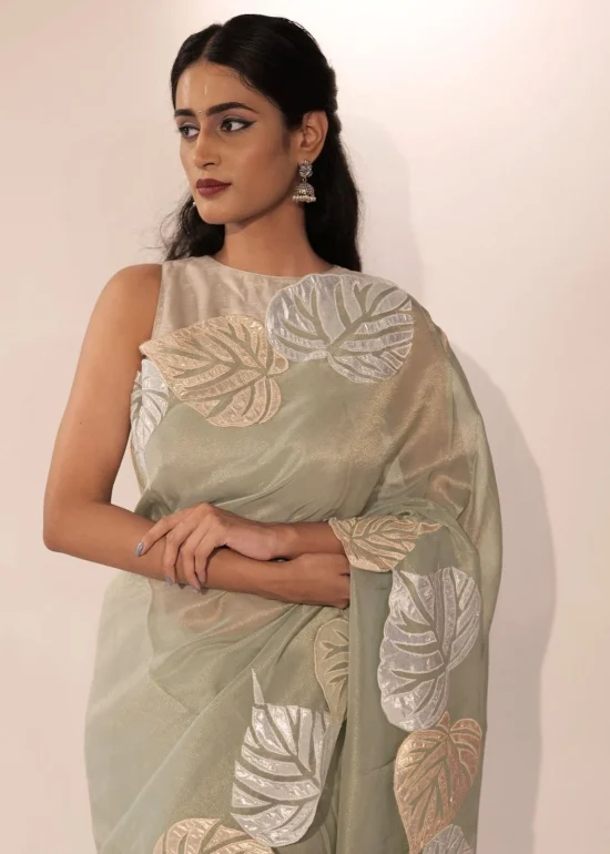 Pista Green Tissue Silk Saree with Beautiful Cutwork