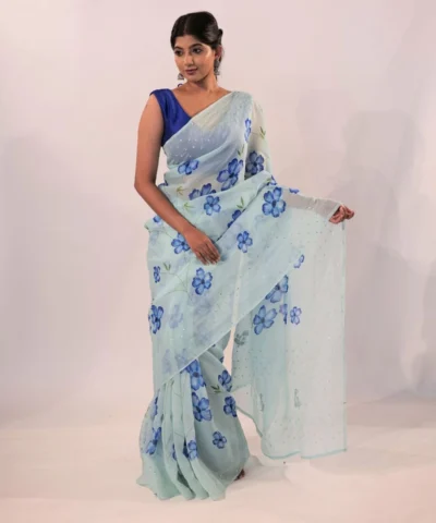 Blue Printed Chiffon Silk Saree