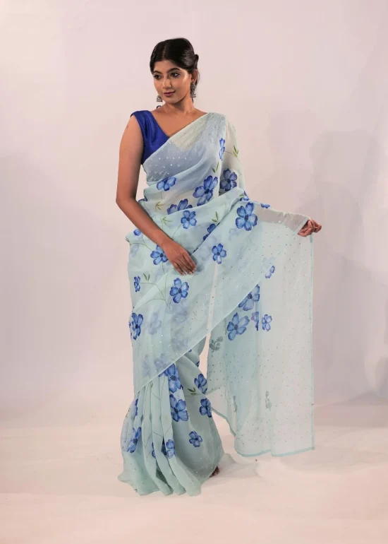 Blue Printed Chiffon Silk Saree