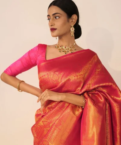 Pink Banarasi Silk Saree with Gold Zari Weaves