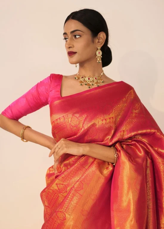 Pink Banarasi Silk Saree with Gold Zari Weaves