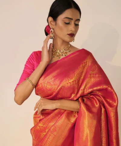 Pink Banarasi Silk Saree with Gold Zari Weaves