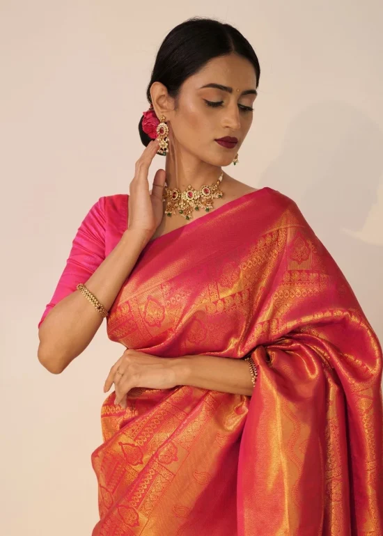Pink Banarasi Silk Saree with Gold Zari Weaves