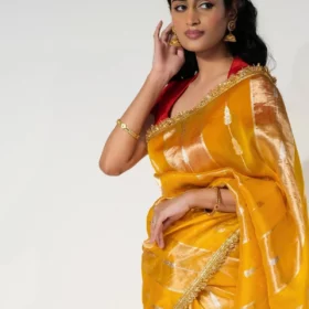 Mustard Yellow Tissue Silk Saree with Beautiful Gold Zari Weaves and Gota Patti Border