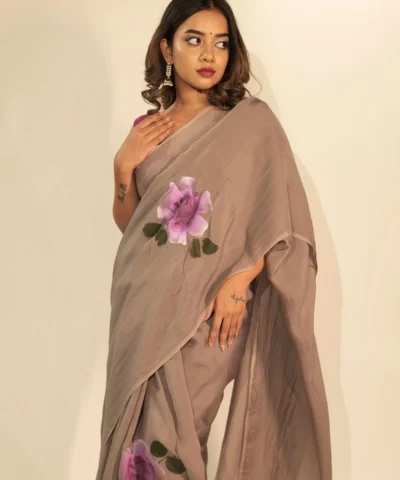 Grey Handpainted Viscose Organza Saree