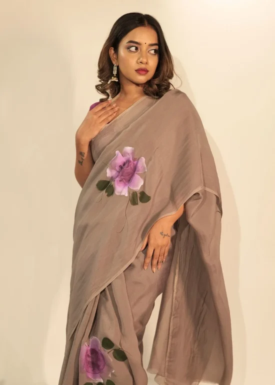 Grey Handpainted Viscose Organza Saree