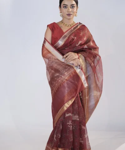 Maroon  Printed Organza Silk Saree highlighted with Kanchi Silk Zari Border