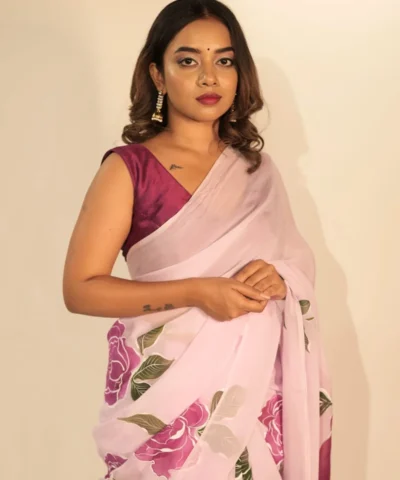 Lilac Handpainted Viscose Organza Saree