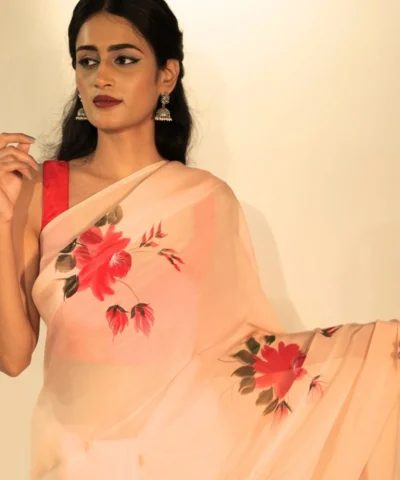 Peach Handpainted Viscose Organza Saree
