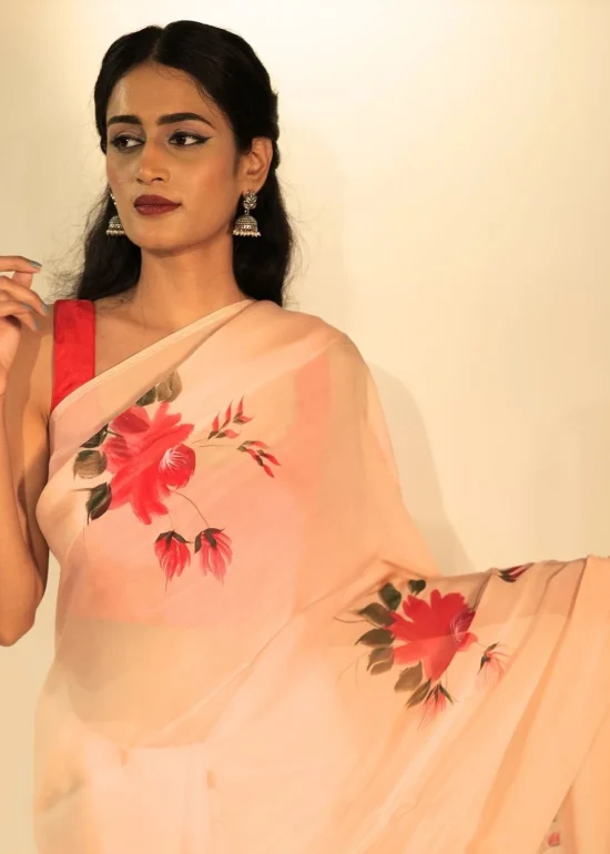 Peach Handpainted Viscose Organza Saree