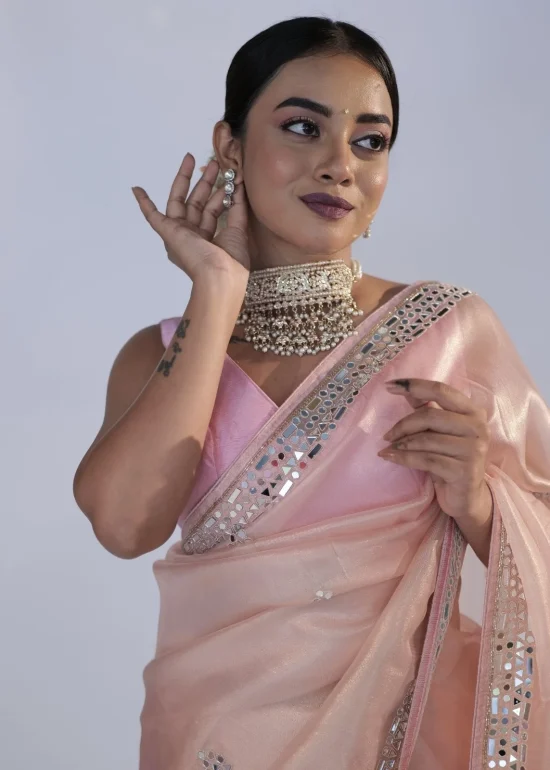 Pink Tissue Organza Silk Saree beautifully Embroidered with Mirrors