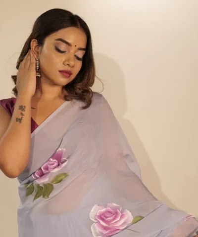 Ice Blue Handpainted Viscose Organza Saree