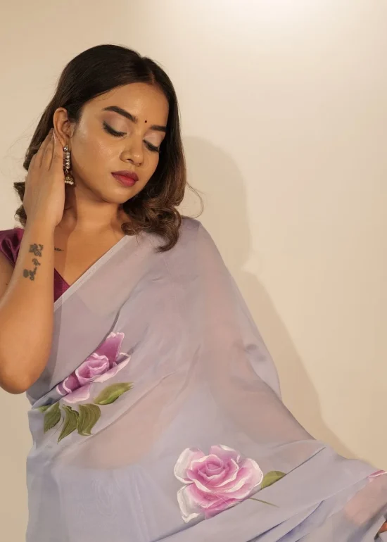 Ice Blue Handpainted Viscose Organza Saree