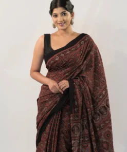 Black Ajrakh Block Printed Cotton Saree