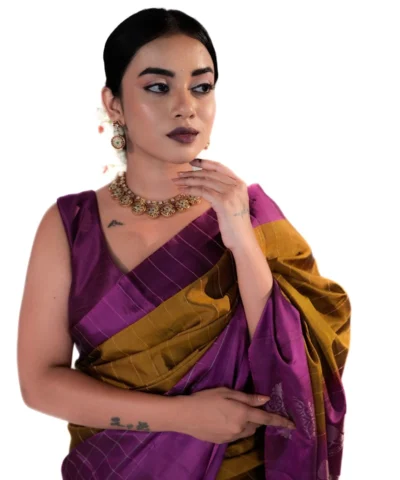 Mustard Mangenta Kanchivaram Silk Saree with contrast Border
