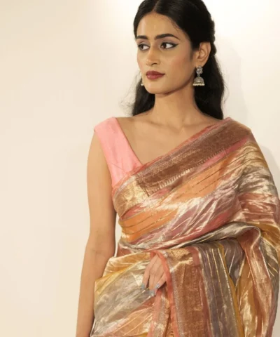Ombre Peach Tissue Silk Saree with Gold Zari Striped Weaves