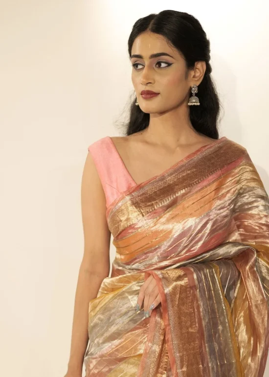 Ombre Peach Tissue Silk Saree with Gold Zari Striped Weaves