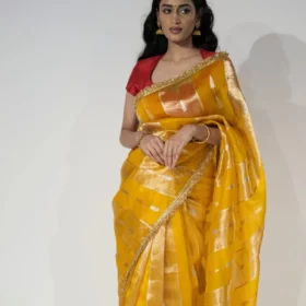 Mustard Yellow Tissue Silk Saree with Beautiful Gold Zari Weaves and Gota Patti Border