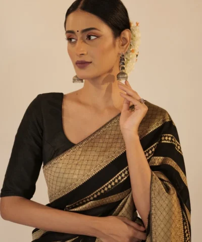 Black Georgette Silk Saree with Antique Gold Zari Weaves